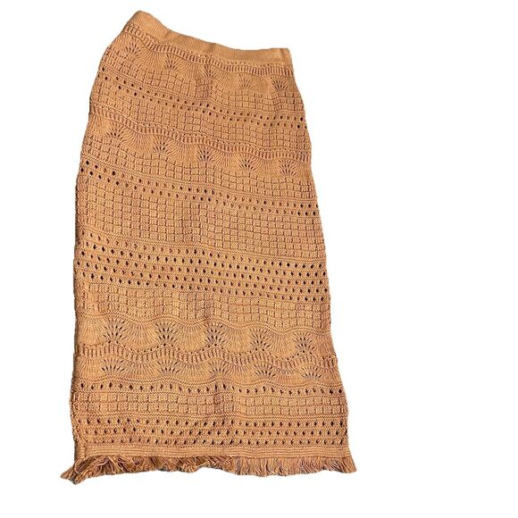 House of Harlow Skirt Brown caramel Knit Crochet Fringe Stretch Boho NWT small - Picture 1 of 7